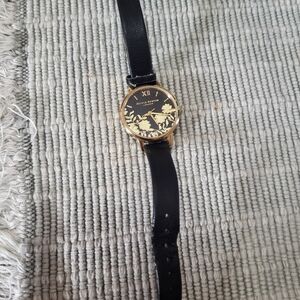 OLIVIA BURTON Black Leather Strap Watch with Gold Floral Dial